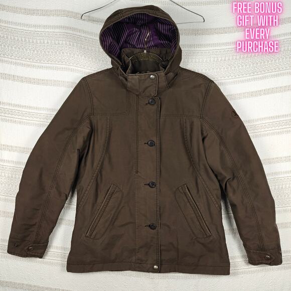 Aigle Brown Hooded Jacket Purple Lining 4 Pocket Women’s Size 40 M - Picture 1 of 9